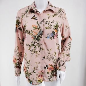 H&M Floral/Bird Print Button Up Top Light Pink 2